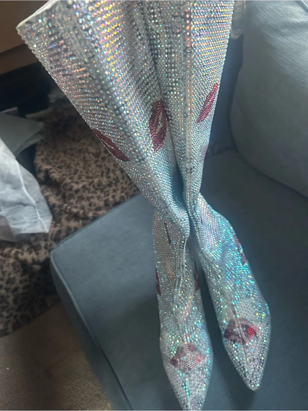 Cape Robbin Iridescent Crystal Over-the-Knee Boots with Red Lip Accents